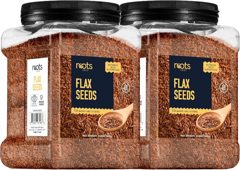 Roots Circle Premium Brown Whole Raw Flax Seeds - Rich in Fiber, Omega-3 Fatty Acids | Great for Baking, Salads, Smoothies & Protein Balls | Premium Flaxseeds | Kosher Bulk 2 Pack of 21oz - Image 1
